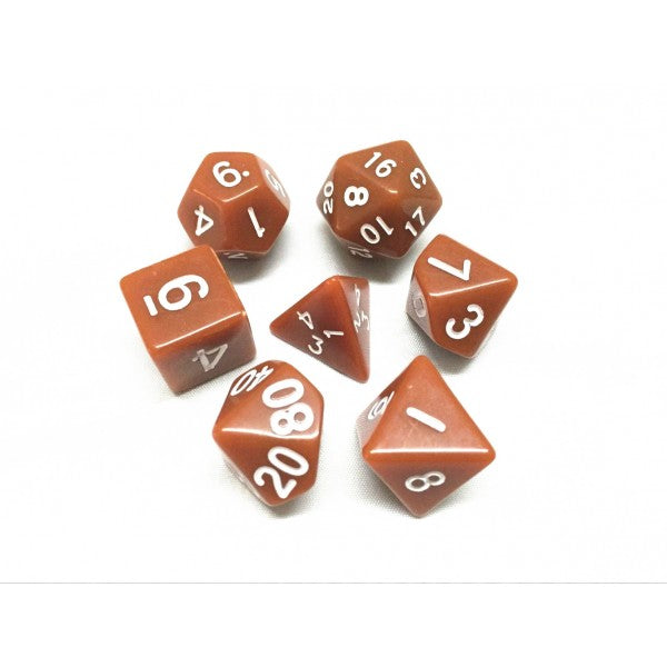 Brown Opaque 7pc Dice Set inked in White